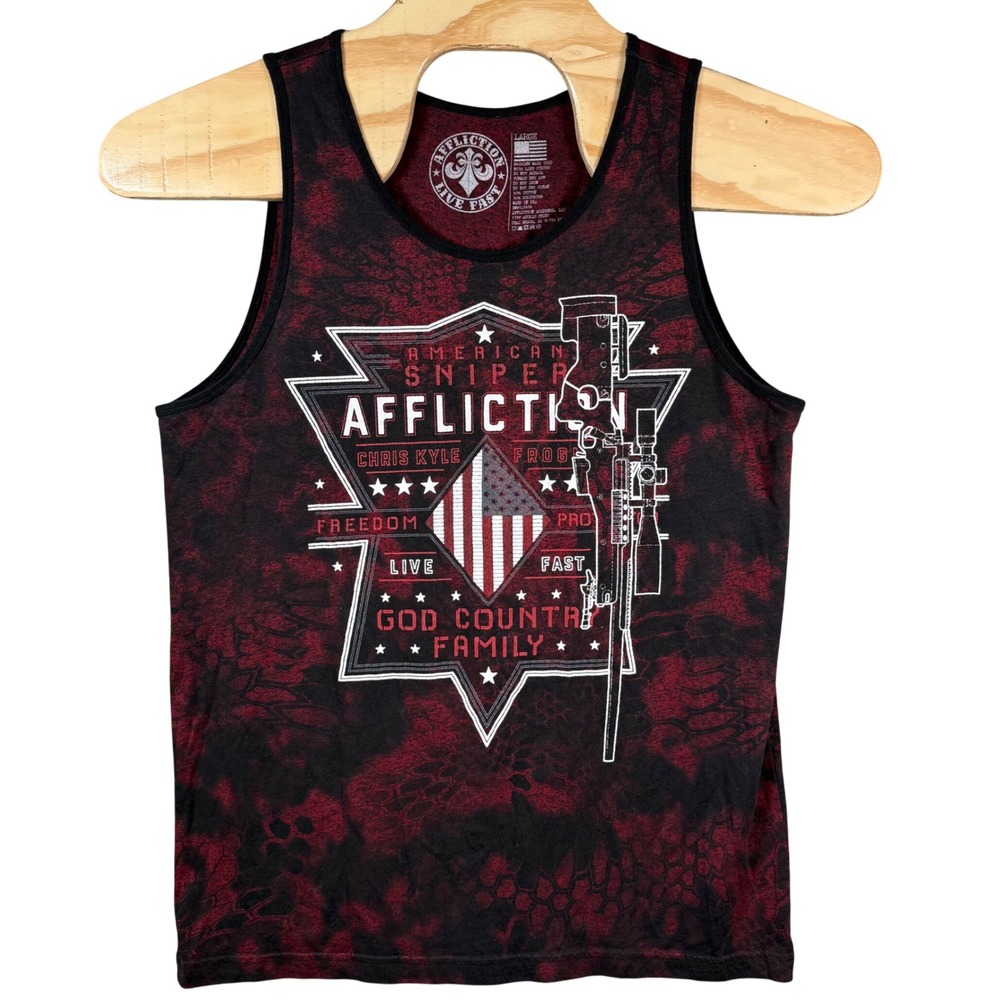 Affliction Tank Top American Sniper Mens Large Red Black Camo Graphic Muscle Tee